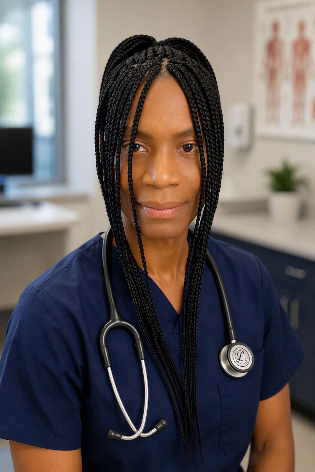 Kim Lyons Drayton, founder of UpscaleUniqueMedical, in navy scrubs with a stethoscope